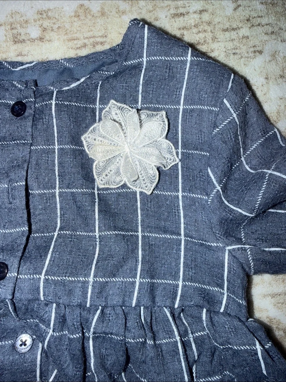 Navy Windowpane Button-Front Dress with Flower Accent